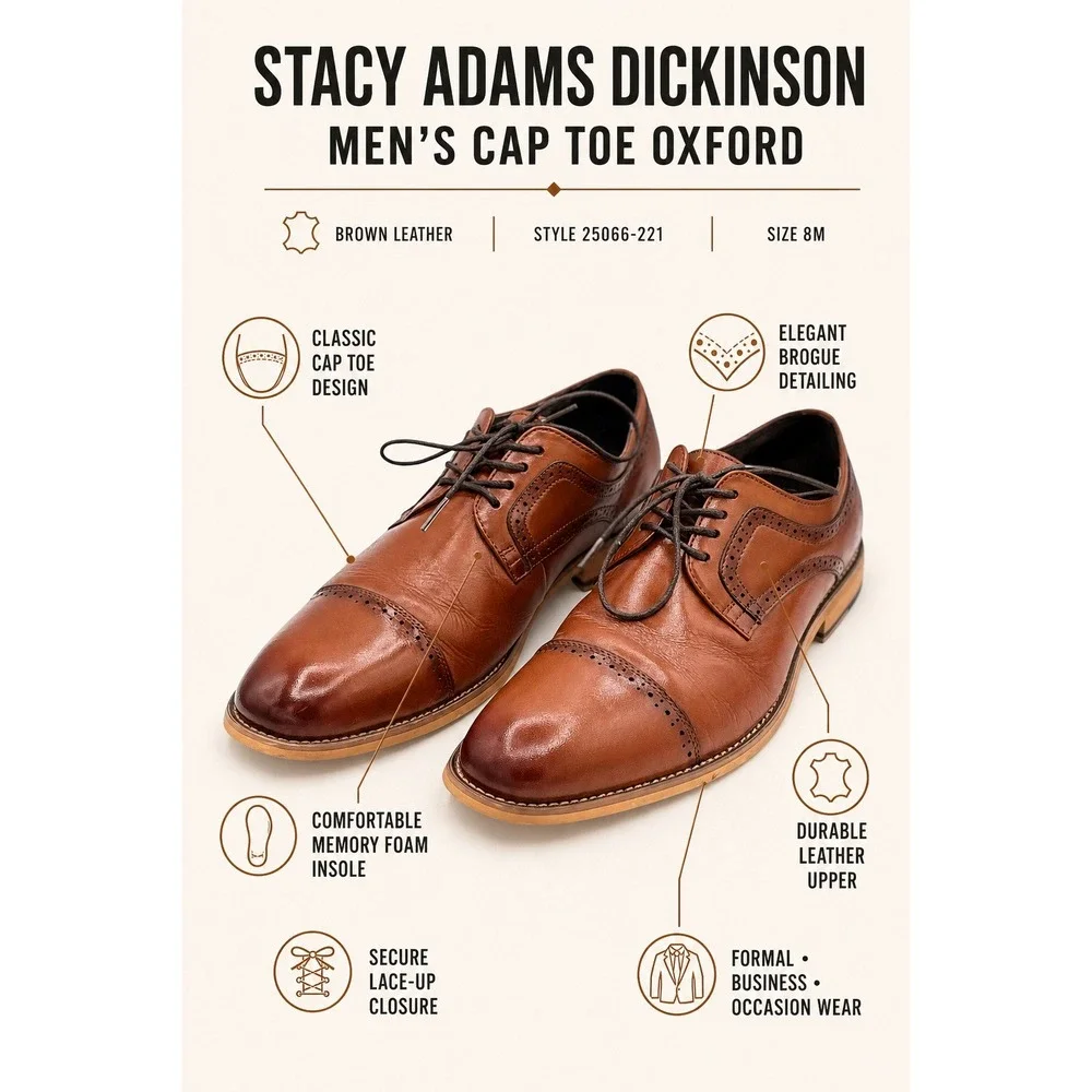 Stacy Adams Dickinson Mens 8M Brown Leather Cap Toe Oxford Dress Shoes 25066-221